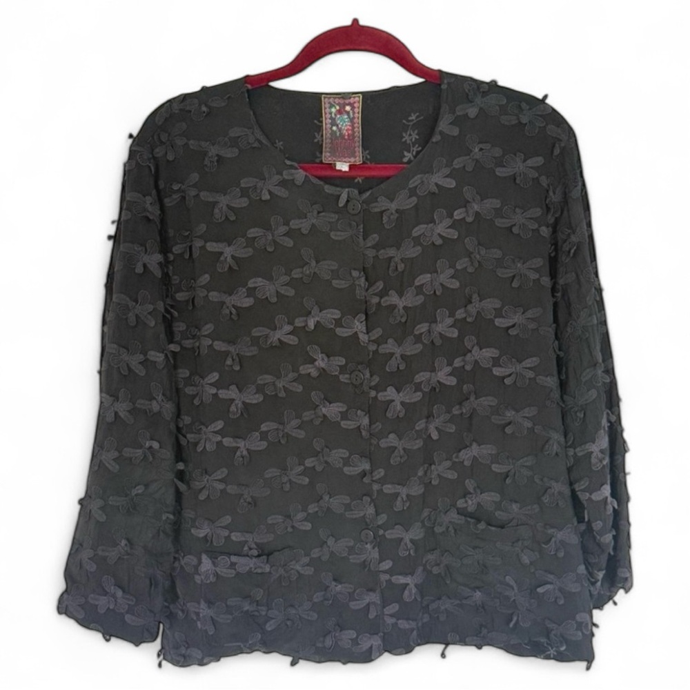 Johnny Was Coco Jacket Black Floral Appliqué Quilted Boho Blazer – Size L